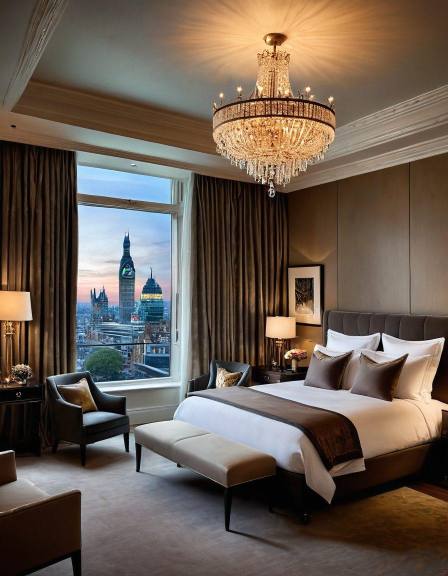 An elegant hotel room showcasing opulent decor, featuring a plush king-size bed with luxurious linens, large windows with a stunning view of London's skyline, a vintage chandelier, and a stylish sitting area with tasteful artwork. Soft ambient lighting and rich textures highlight the luxury of the space. super-realistic. vibrant colors.