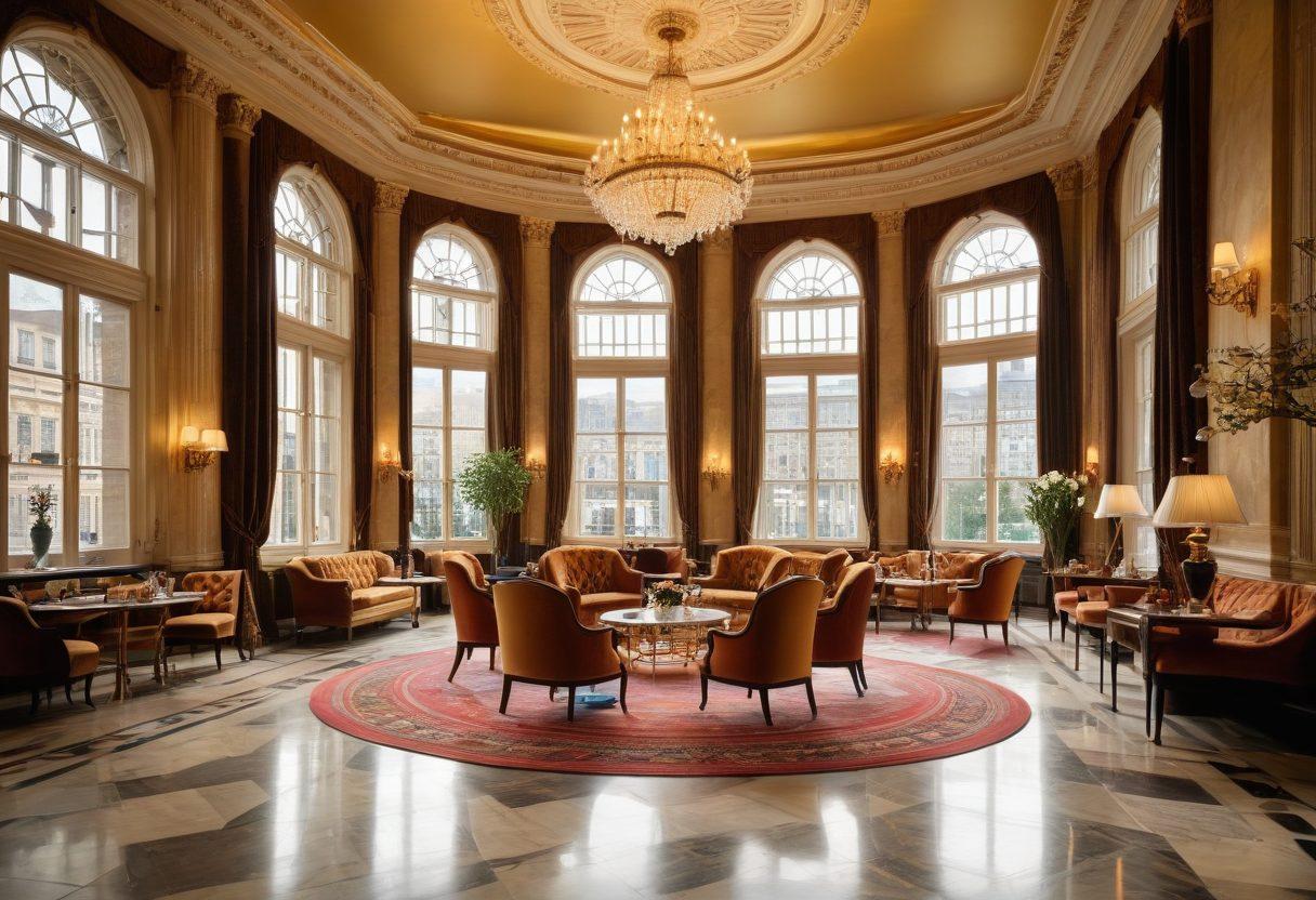 A lavish hotel lobby in an iconic London establishment, showcasing opulent chandeliers, elegant marble floors, and rich velvet furnishings. Include glimpses of historical architecture through large arched windows, with guests in upscale attire enjoying afternoon tea. Soft golden lighting enhances the luxurious atmosphere, with a classic London skyline visible through the windows. super-realistic. vibrant colors. 3D.