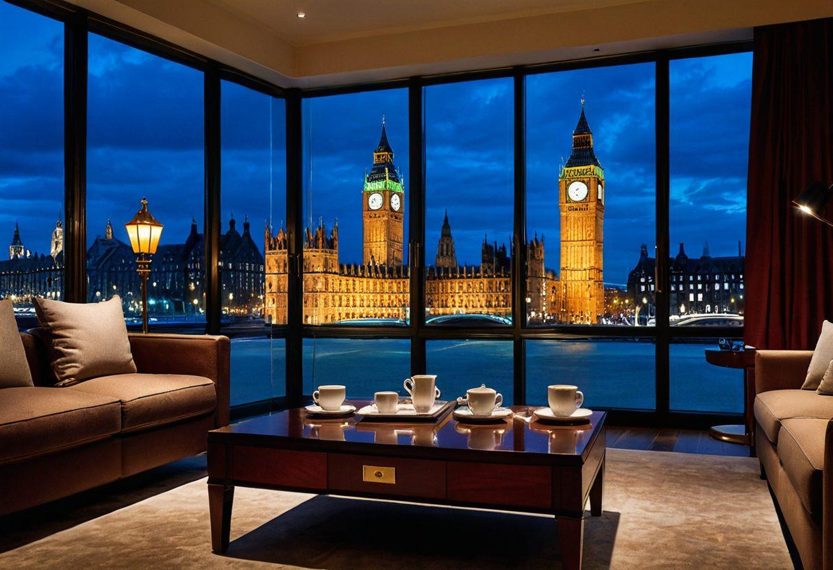 A luxurious hotel room view overlooking a famous London landmark, such as Big Ben or the Tower Bridge. The room is elegantly decorated with plush furnishings, rich textures, and soft lighting creating an inviting atmosphere. In the foreground, a stylish coffee table with a travel guide and a steaming cup of tea. The city skyline is subtly visible through large windows, adding a touch of vibrancy and life. super-realistic. vibrant colors. 3D.